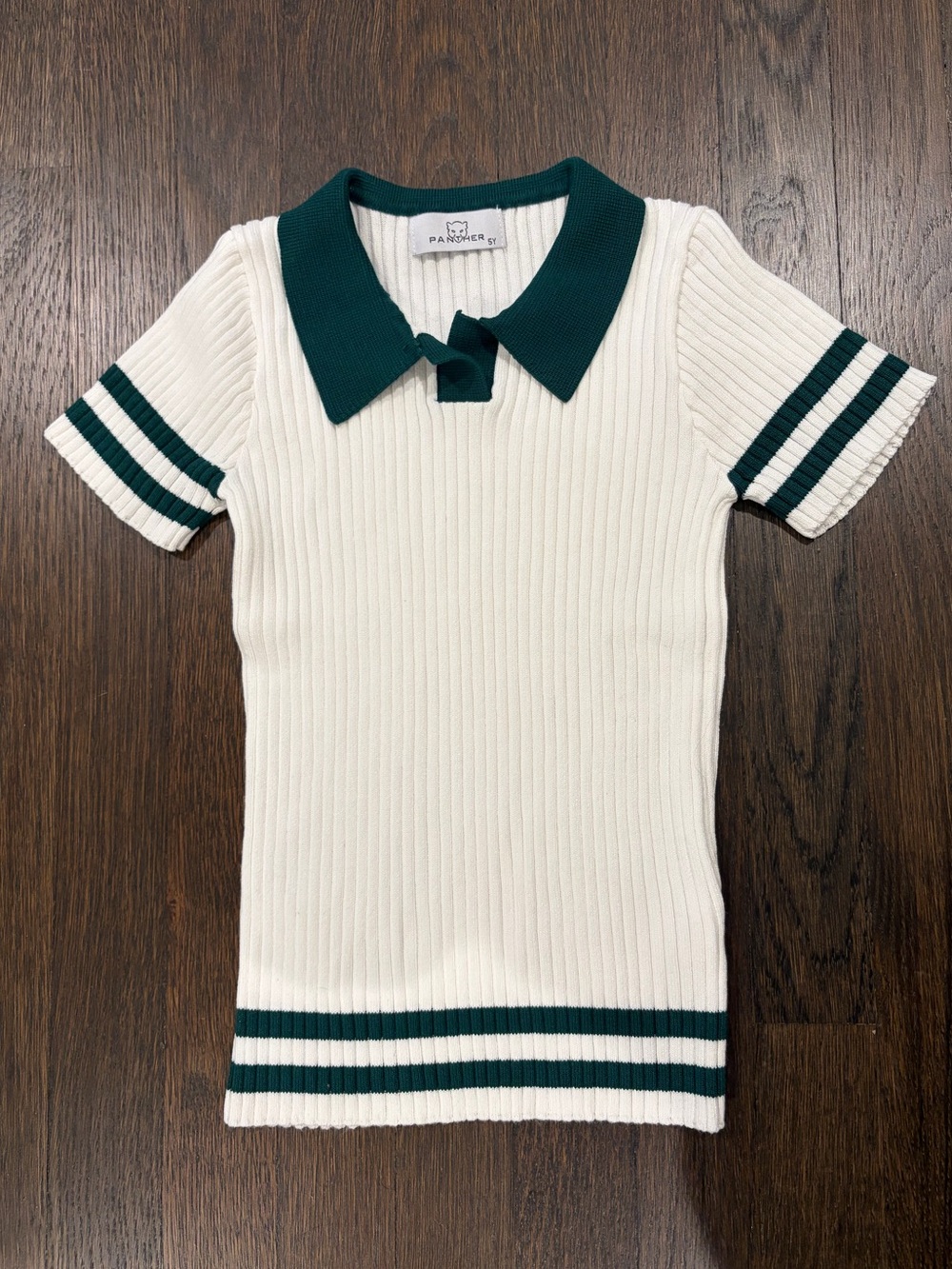 Children’s White Ribbed Polo with Dark Green Trim